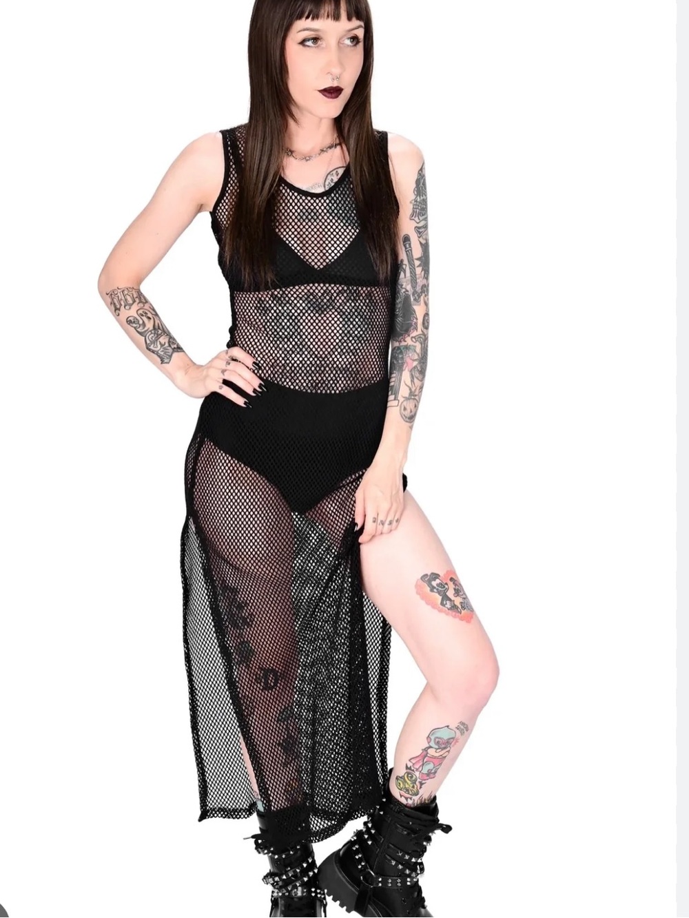 Foxblood Reversible Black Mesh Maxi Dress - Sleeveless Layering Piece Beach Goth